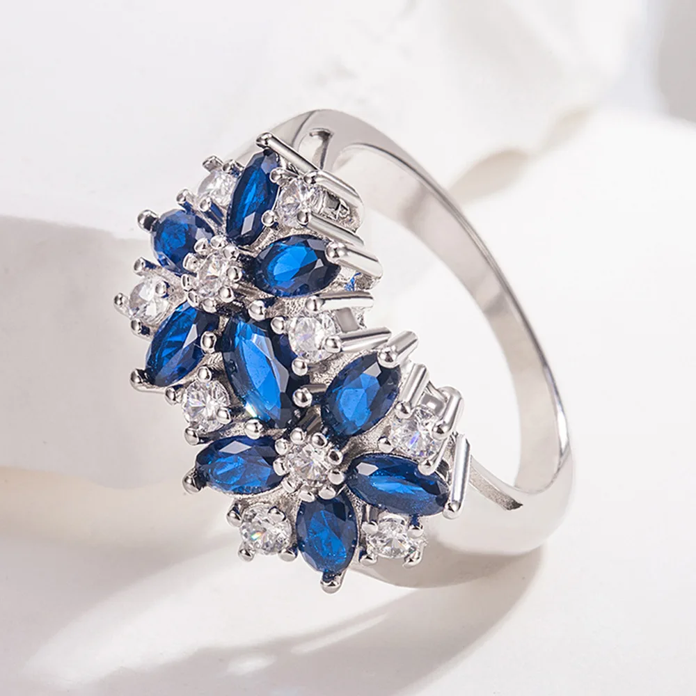 خاتم من الفضة الإسترليني عيار 925 فاخر على شكل زهرة مرصع بالياقوت الأزرق الزركون هدية للذكرى السنوية لحفلات أعياد الميلاد #4