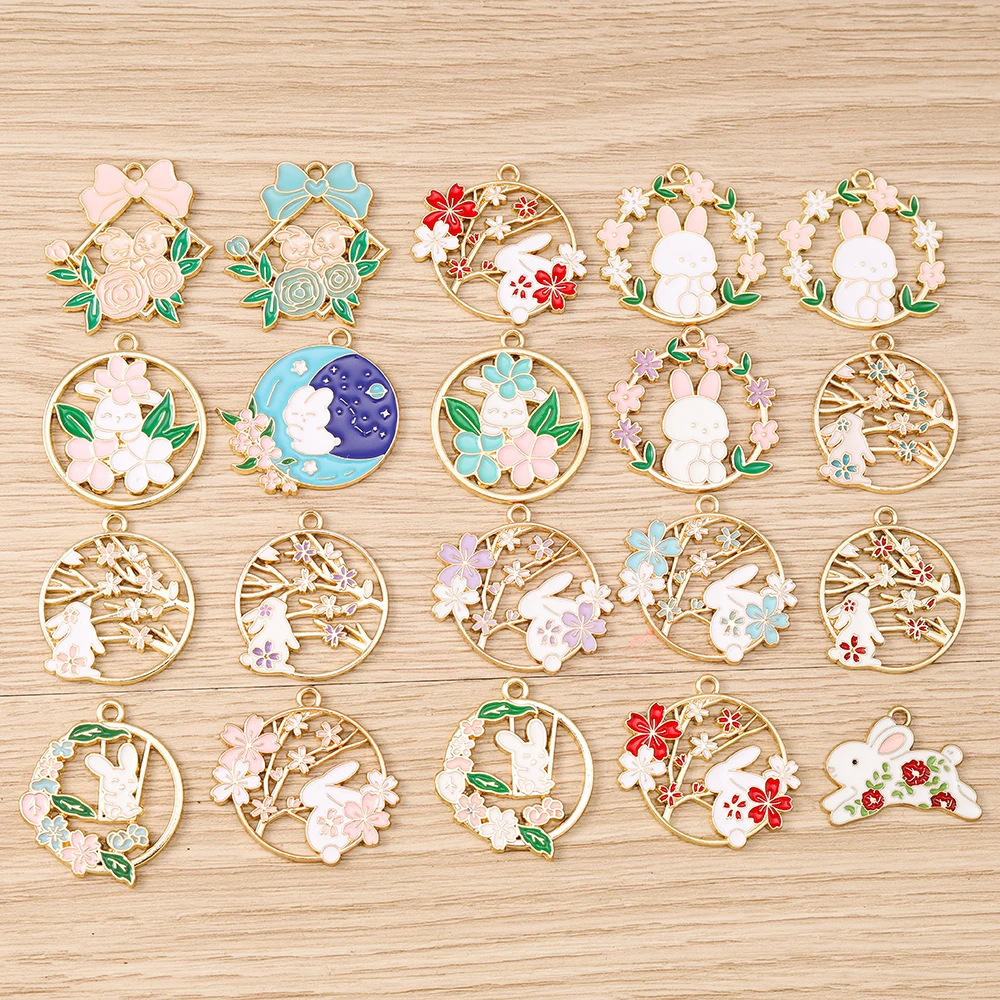 Tusember 10 Stück niedliche Blumen-Kaninchen-Anhänger aus Legierung, Kawaii-Blumen-Kaninchen-Anhänger für DIY-Armbänder, Halsketten, Schmuckherstellung – Detail 2