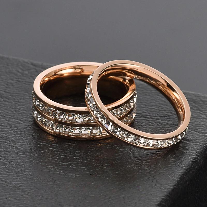 2024 Hot Double Row Crystal Woman Fashion Ring Rose Gold Color Filled Titanium Steel Rings for Women Female Wedding Fine Jewelry