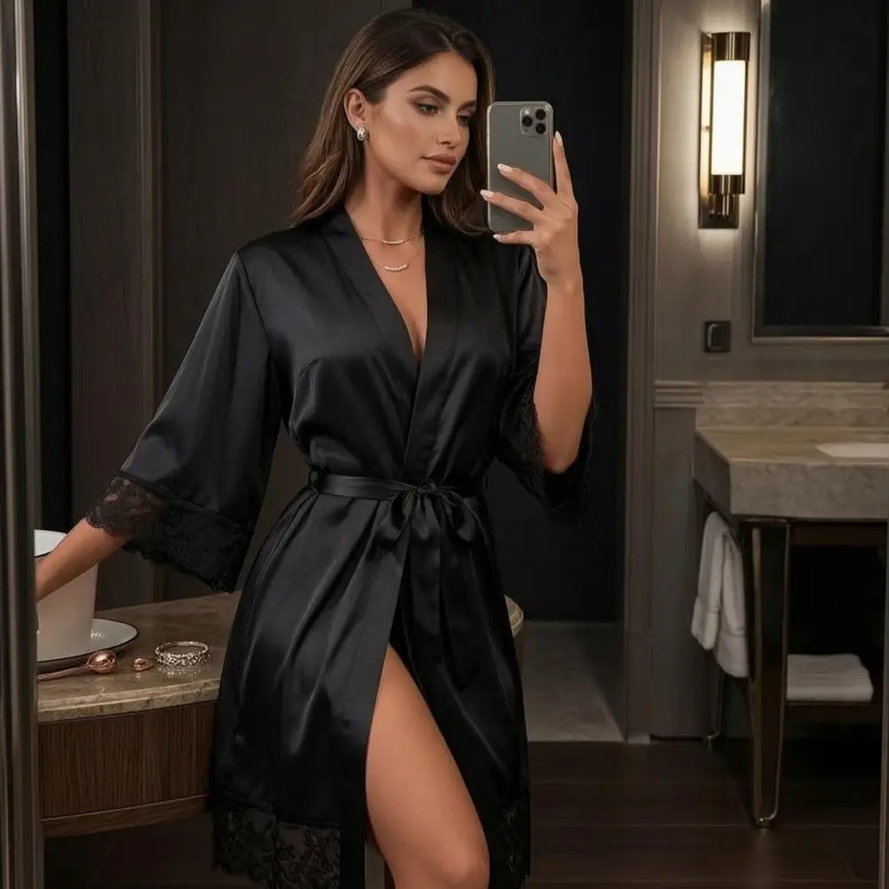 Satin Robe Mid-sleeve Lace Pajamas Women's Satin Lace Trim Robe 3/4 Sleeve Kimono Bathrobe Sexy V Neck Sleepwear with Belt