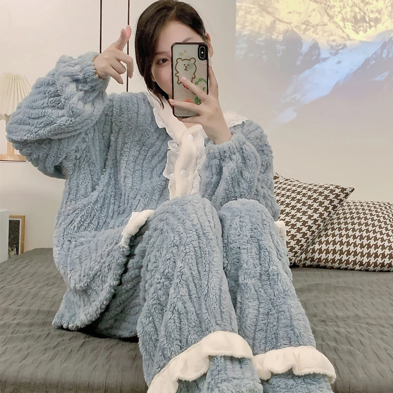 pigiama-da-notte-in-pile-corallo-spesso-per-la-maternita-abbigliamento-per-l'allattamento-post-parto-completo-da-casa-con-scollo-a-v-e-maniche-lunghe-abito-da-casa-da-donna-ottobre-novembre