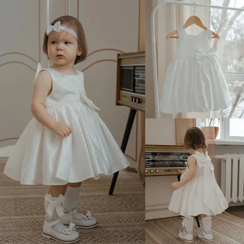 Summer Dress 1st Birthday Dresses Newborn Girls Sleeveless Tutu Dress Big Bow Baby Girls Wedding Gown White Baptism Costume