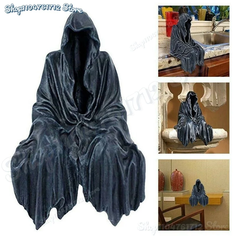 

2025 Black Grim Reaper Statue Thrilling Robe Nightcrawler Resin Desktop Figurine Ornaments Horror Ghost Sculpture Decorations
