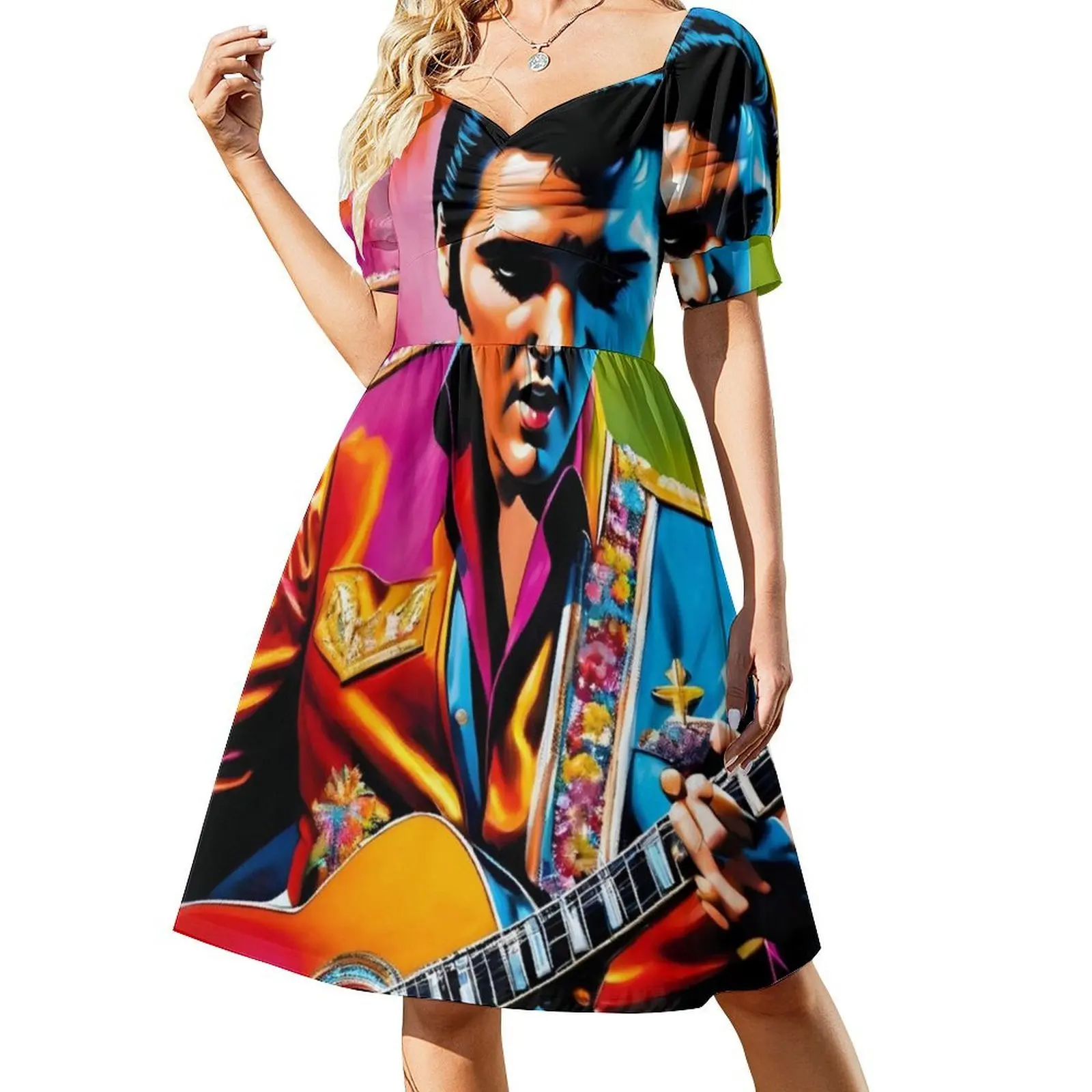 فستان إلفيس مع جيتار بوهيمي بدون أكمام متعدد الطباعة لحفلات العطلات على الشاطئ إلفيس الملك ممفيس ممفيس مافيا للسيدات