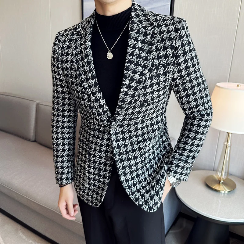 Blazer à Carreaux pour Homme, Veste Imbibée, Coupe Cintrée, Smoking de Haute Qualité, Mode d\'Affaires, Vêtements de Banquet, Automne et Hiver 2023