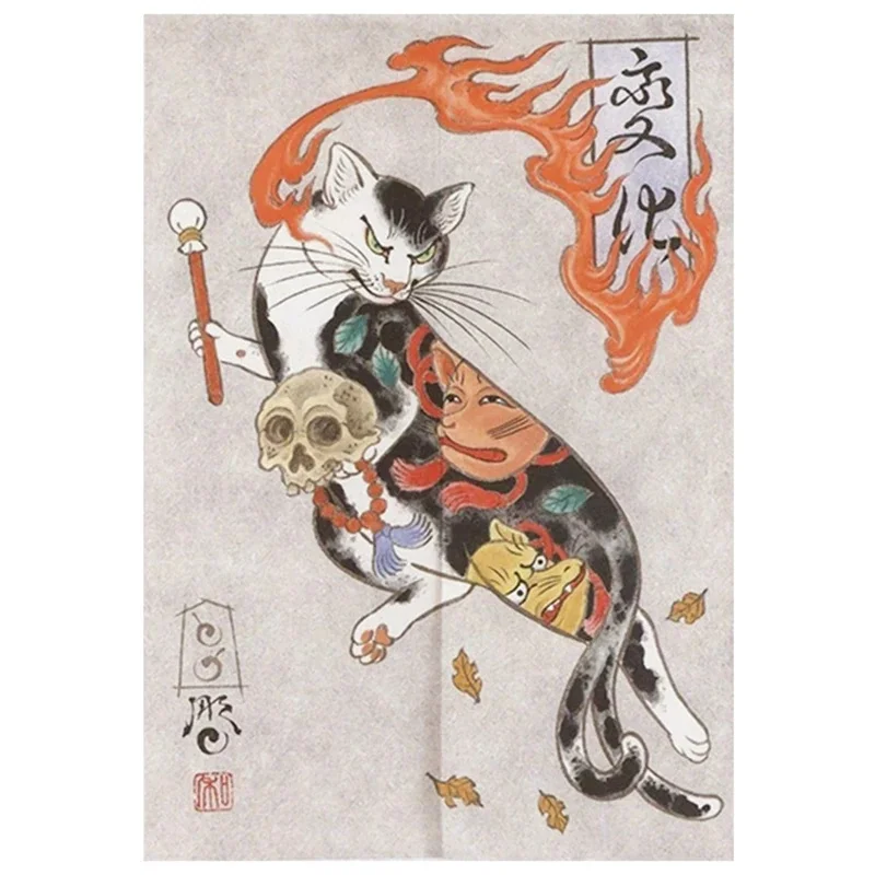 VIKAMA Retro Japanese Noren Curtain Samurai Cat Art Print Fabric Hanging Curtain for Entrance Shop Doorway Decor