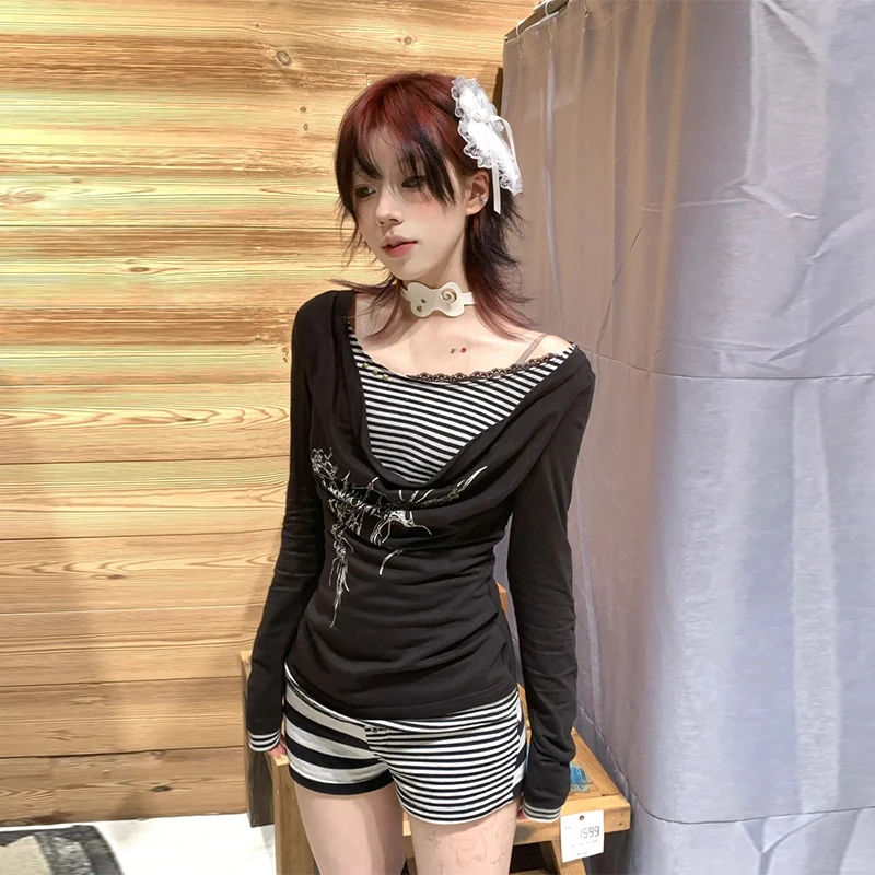 Genayooa Y2k اليابانية طباعة القمم غير النظامية المرقعة تي شيرت المرأة سوينغ طوق القوطية خمر الجرونج وهمية قطعتين القمم 2000s #6