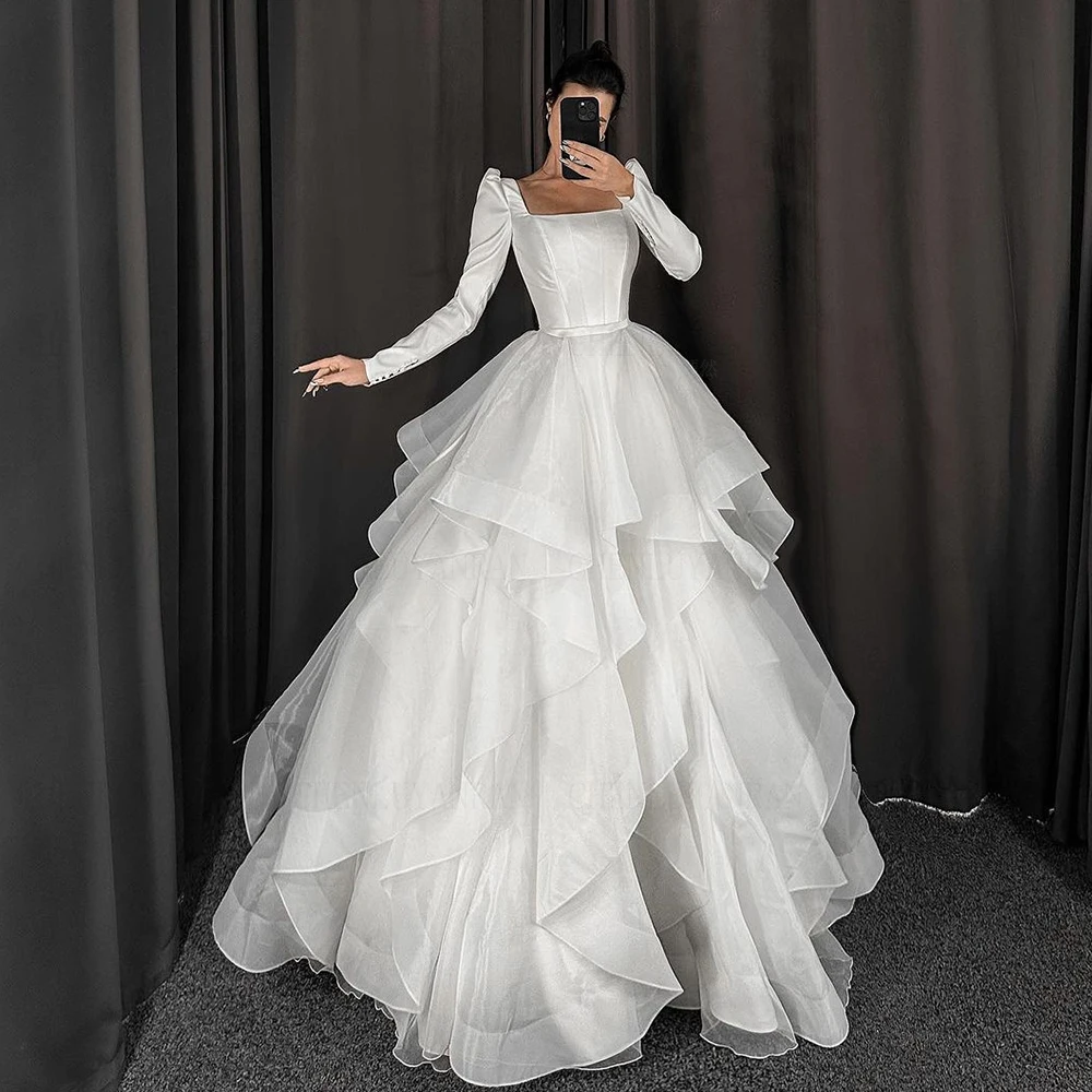 Elegant A-Line Wedding Dresses Full Sleeves Long Bride Dress Lace Up Puffy White Dress For Women 2025 Robe De Mariee