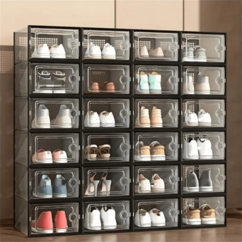 6 12 24 Transparent Plastic Stackable Shoe Rack Foldable Shoe Box Organizer Space Saving Storage Container with Flip Door for Entryway Closet Dorm Room Bathroom Stackable Clear Sneaker Storage Unit