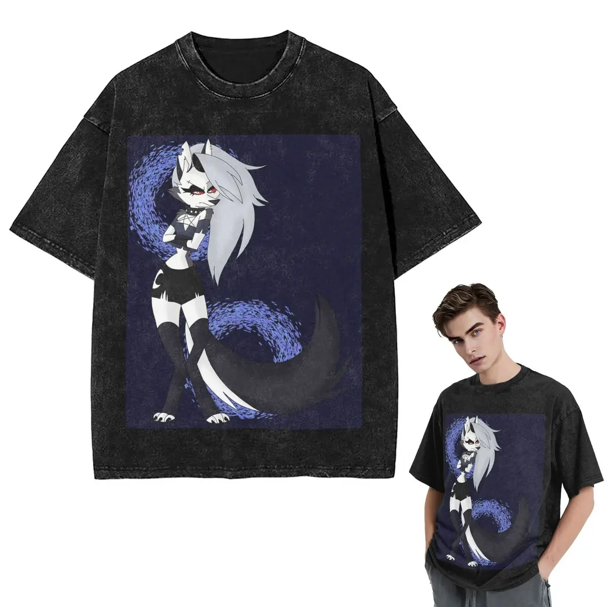 Streetwear T-Shirts Helluva Boss Loona Washed T Shirt Short Sleeve Hip Hop T-Shirt Tops Tees for Men Women