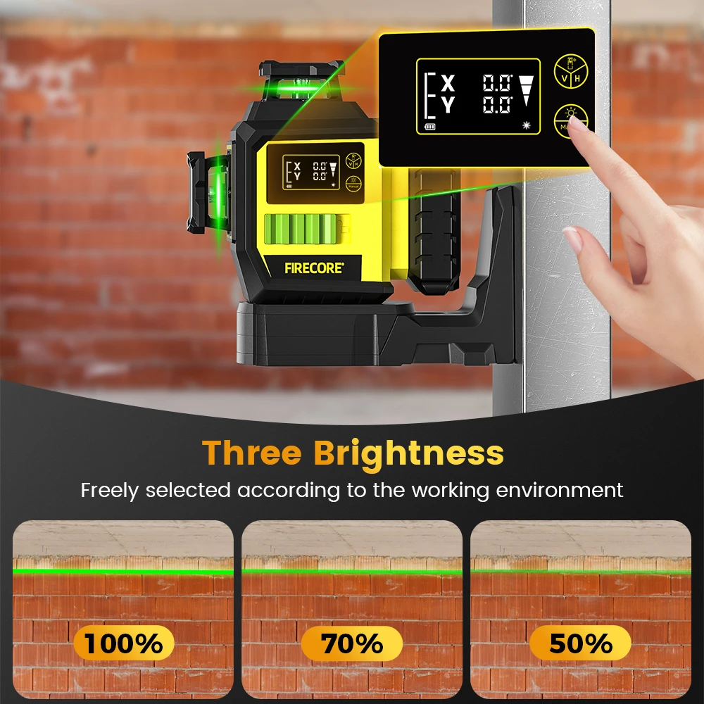 FIRECORE F95T-XG/F95T-3G 12 Line 3D Green Laser Level 360 Rechargeable Li-ion Battery Self-Leveling Integrated L-Bracket
