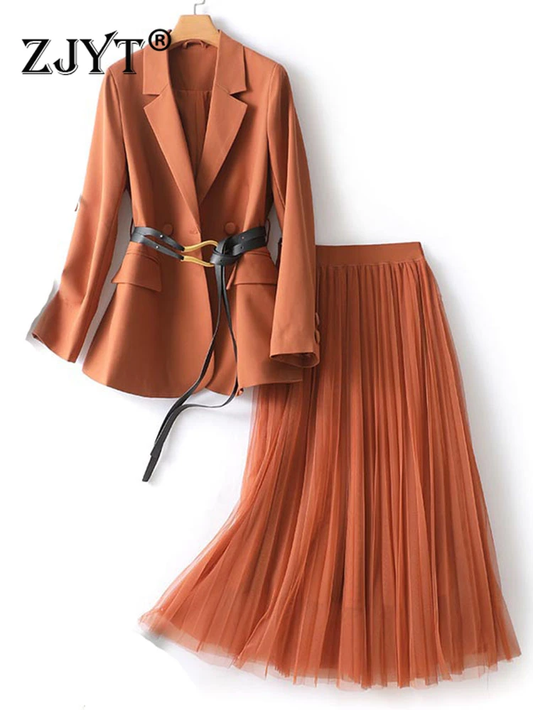 ZJYT Office Lady Blazer Suits Skirts Two Piece Dress Sets for Women Elegant Outfit Spring Fashion Conjuntos De Vestidos Orange