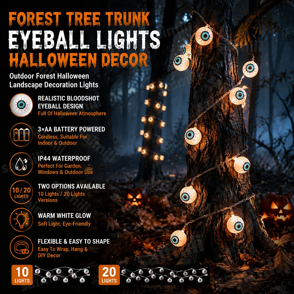 Halloween Creepy Simulation Eyeball Fairy String Lights Warm Glow Hanging Ornament For Yard Bedroom Holiday Scene Layout Decor