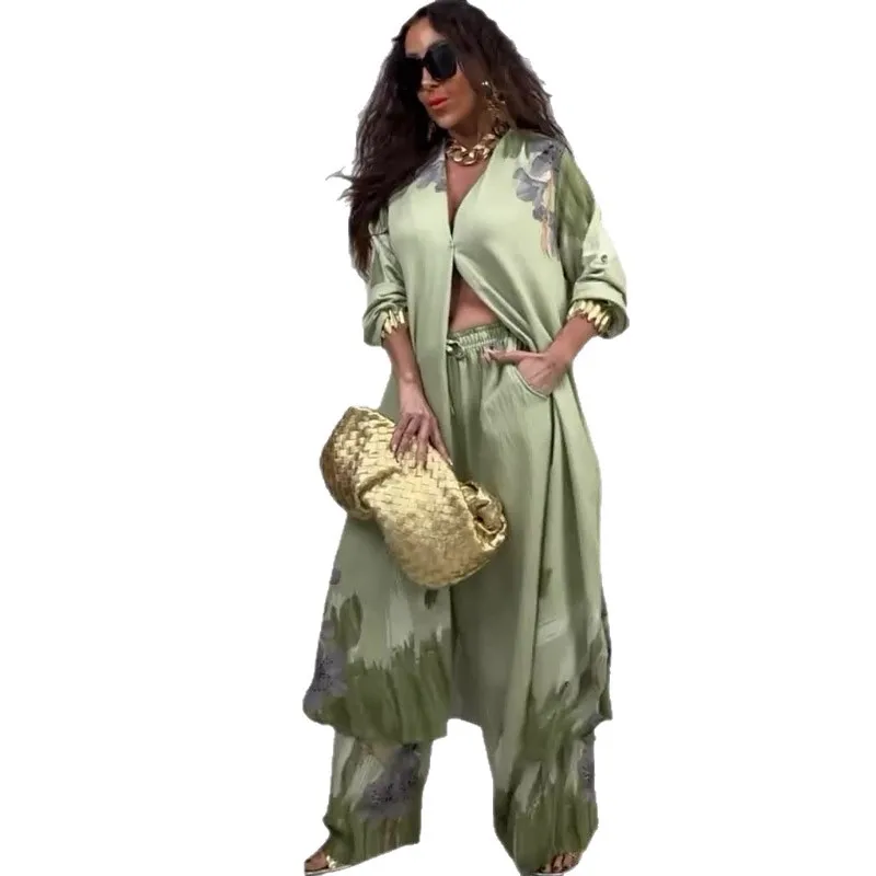 Ensemble 2 pièces musulman pour femmes, manteau Long, Robe, pantalon à jambes larges, imprimé, simple boutonnage, tenues arabes dubaï Islam 2025, 2025