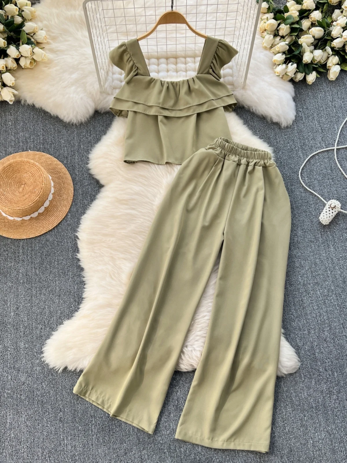 

Korean Style Holiday Loose Wide Leg Pants Set Women's Sweet Fly Sleeve Lace Trim Top And Bottoms Two Piece Ensemble