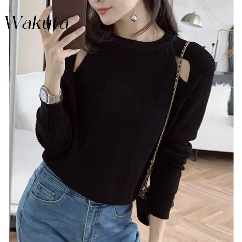 WAKUTA Off Shoulder Hollow Out Knit Tshirts Womens Sweaters Autumn New 2024 Solid Color O Neck Loose Elegant Pullovers Mujers