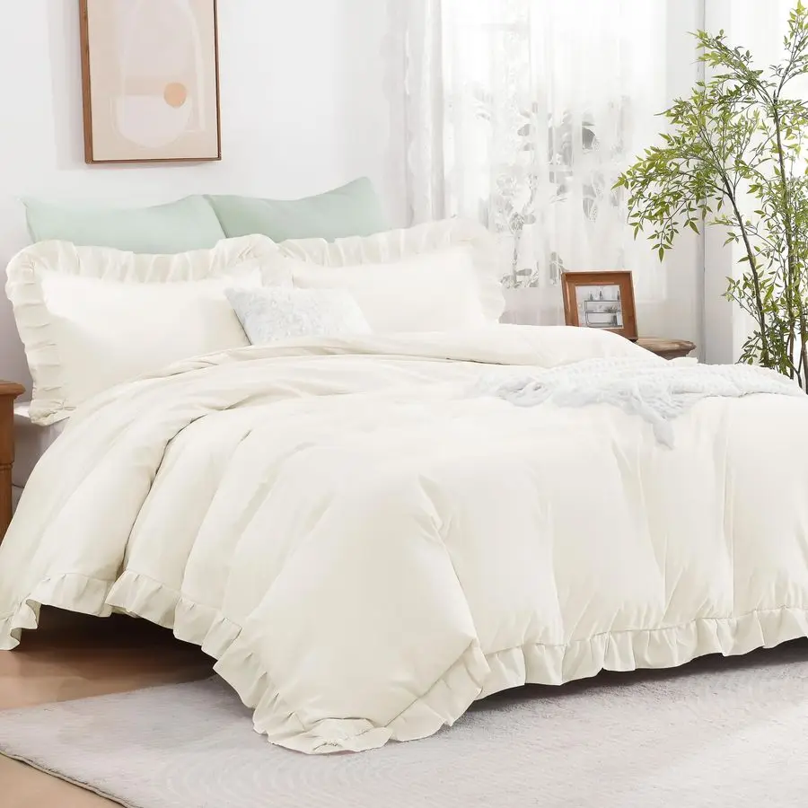 

Ivory Ruffle Duvet Cover King104x90Inch, 3 Pieces Soft Washed Microfiber Vintage Shabby Chic Farmhouse Ruffled Duvet Cover Set w