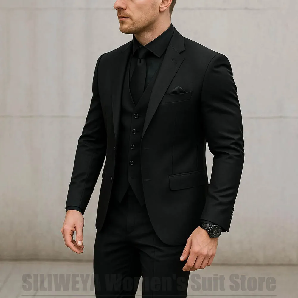 Men Black 3 Pieces Suit Set Notch Lapel Blazer Vest Pants Formal Wedding Groom Tuxedo Male Business Party Prom Casual Outfit