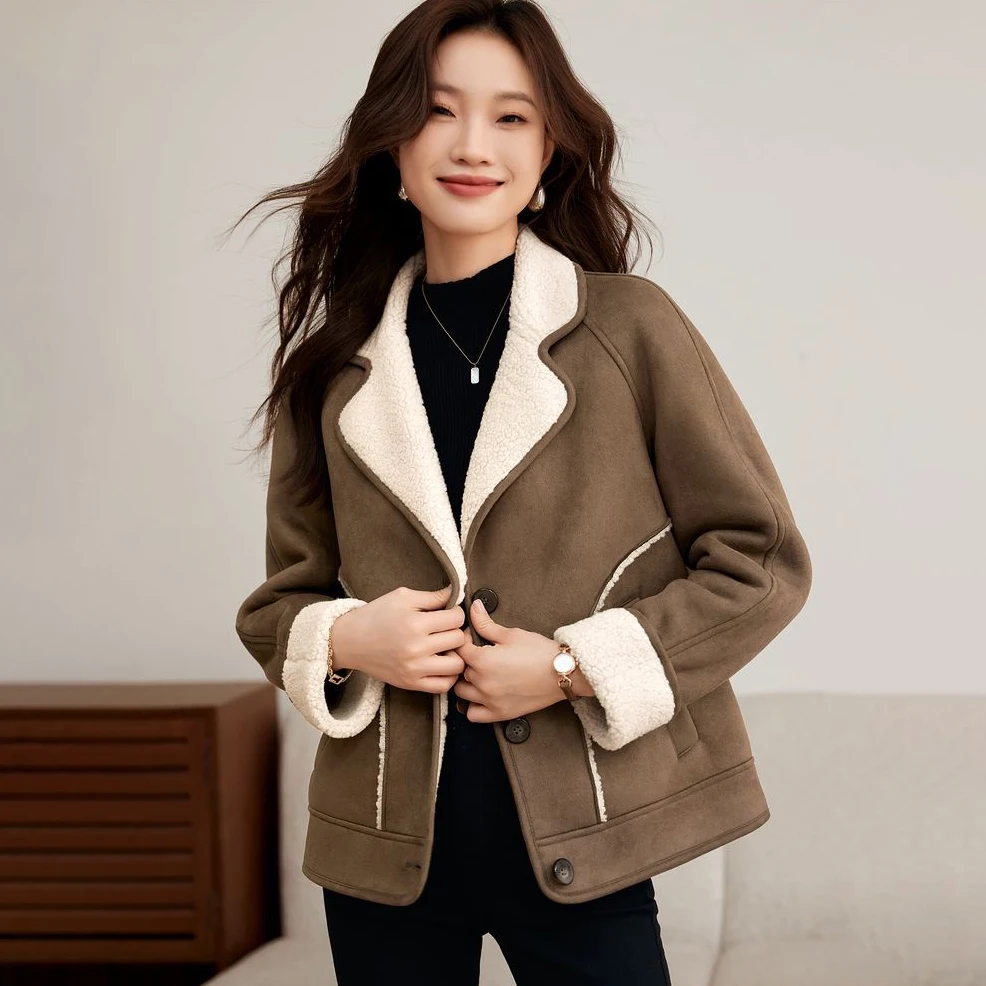 

Korean Fur One Lambswool Jackets Outerwear Women's 2025 Winter New Thicke Warm Parka Fashion Loose All-Match Jacket