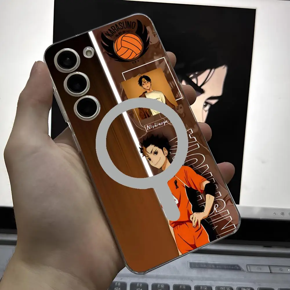 Hot-Blooded Haikyuu Anime Phone Case For Samsung Galaxy S24 S23 S22 S21 Ultra Plus FE Magnetic Suction Transparent Cover