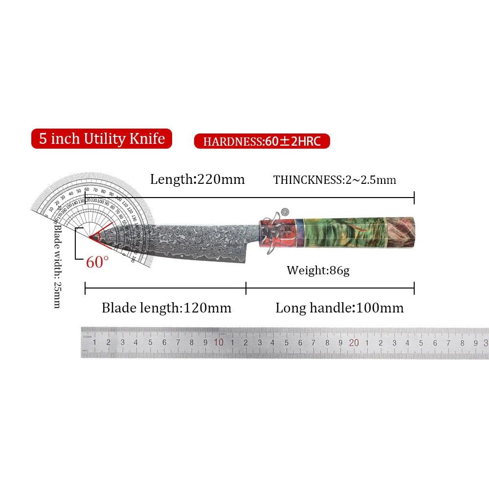 YAN 5Inch Utility Professional Japanese Damascus Chef Knife 67 Layers VG10 Stabilized Maple Burl Octagonal Handle Gift Box