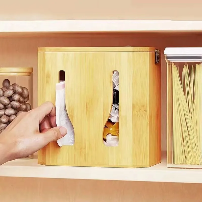 

Hanging Kitchen Organizer Box, Solid Wood Tissue Holder, Cling Film Dispenser Stand, Flip-Top Storage Cabinet for Home