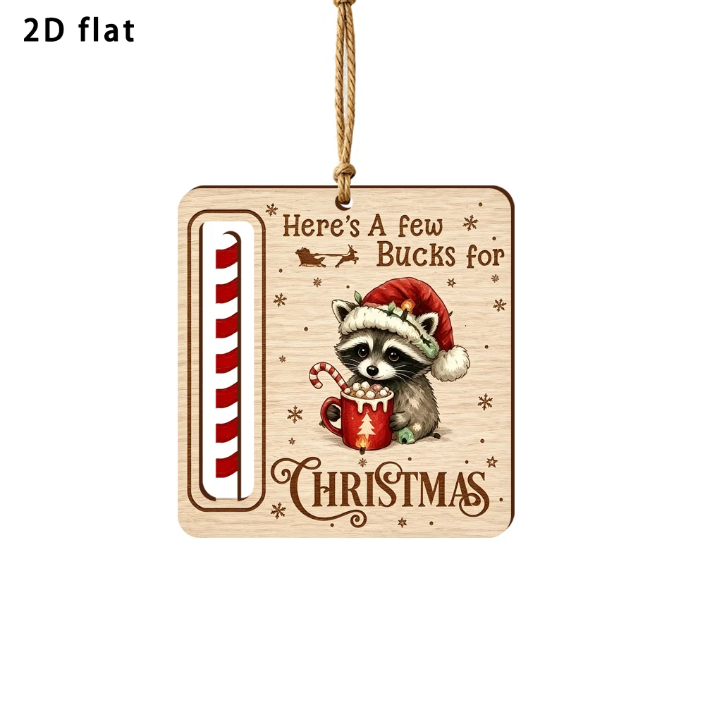 Christmas Raccoon Wooden Money Holder Ornament 2D Flat Hanging Tag Xmas Tree Decor Gift