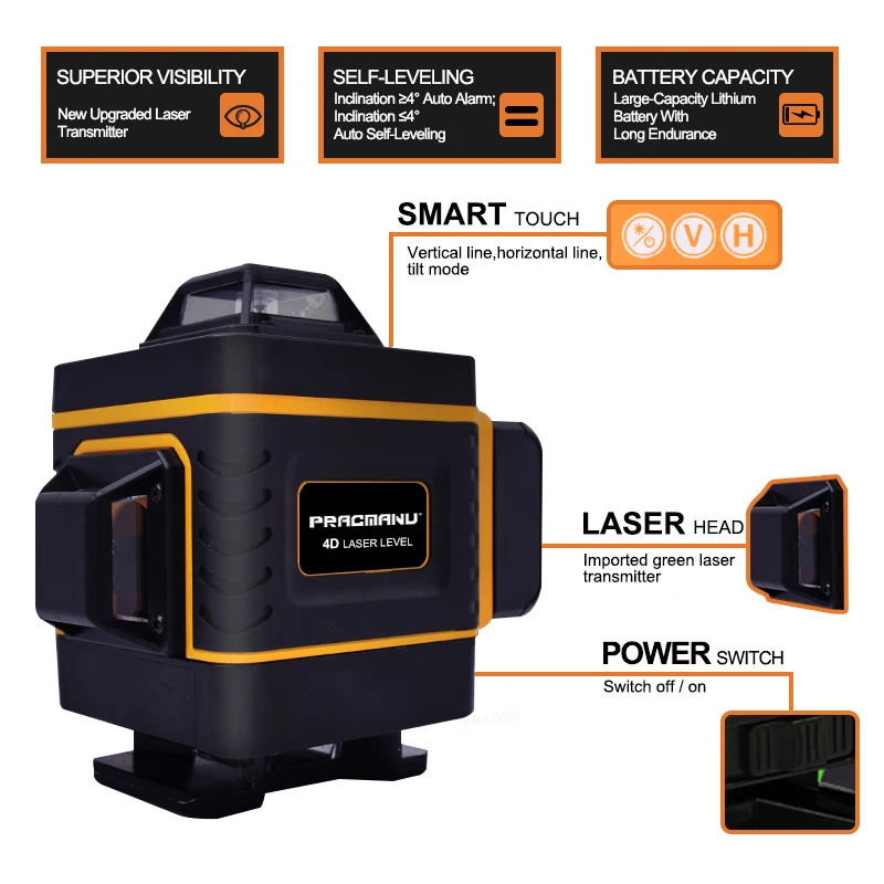 Livello Laser pratico 16 linee livello 4D autolivellante 360 croce orizzontale e verticale livello Laser linea verde Super potente