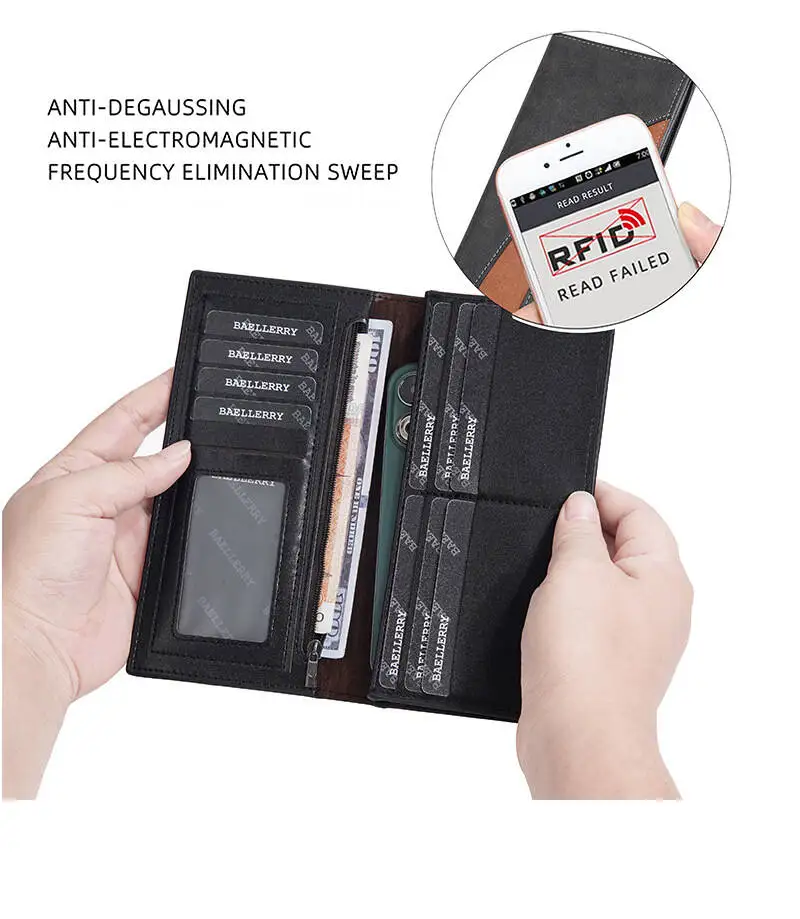 Baellerry Men's Wallets Stitching Color Long Zip RFID Blocking Wallet Gifts For Husband Father Large Capacity Chic Change Purse