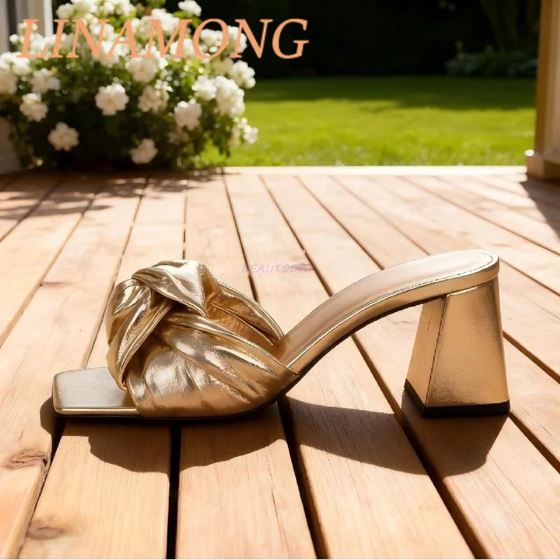 

Silver Soft Leather Slippers Cross Straps Square Toe Thick Heel Exposed Toe Retro Crystal Heel Minimalist Temperament High Heels