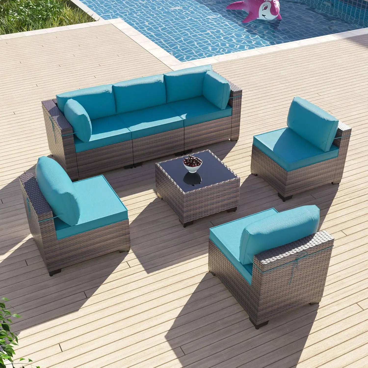 

Комплект садовой мебели из 7 предметов, плетеный секционный диван для бесед, включает 6 всепогодных кресел с высокой спинкой из ПЭ, на заказ