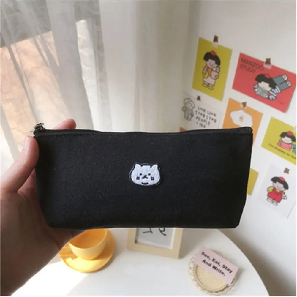 Canvas Pencil Case Large Capacity Multi-purpose Cosmetic Bag Cat Bear Embroidered Pattern Stationery Supplies