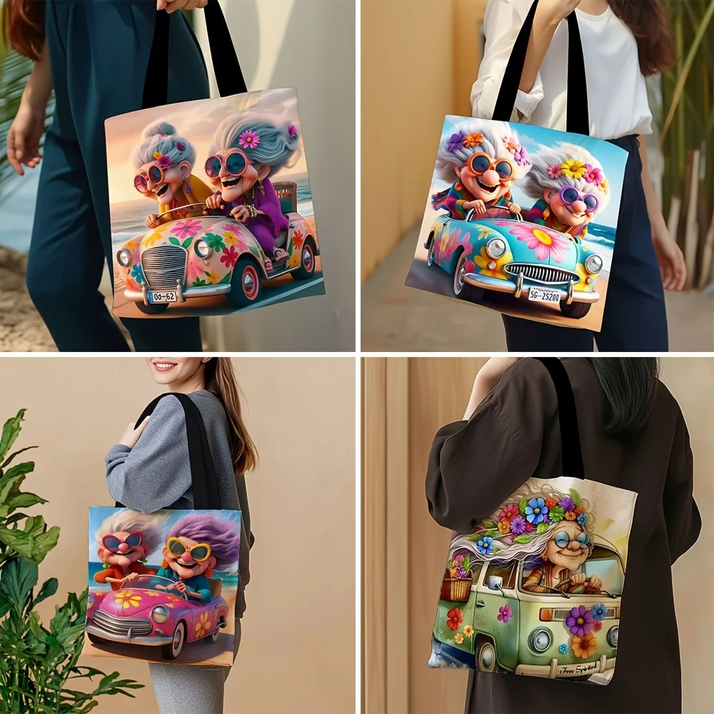 Bolso de mano de lona con estampado de VIKAMA Hippie Old Lady Van, bolso de hombro retro Flower Power para amantes de Free Spirit