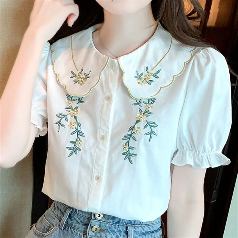 Sweet Peter Pan Collar Spliced Ruffles Embroidery Shirt Women\'s Clothing 2023 Summer New Casual Tops Loose Office Lady Blouse