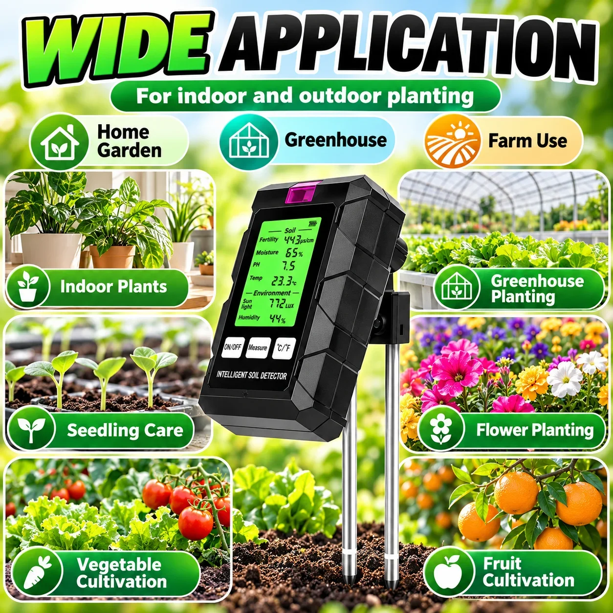 6-in-1 Soil Tester Digital Soil Meter Fertility pH Moisture Temperature Light Air Humidity Detector LCD Display Garden Plant Ana