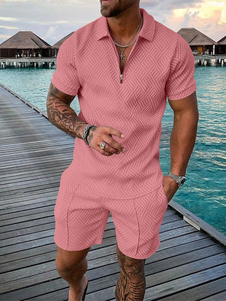 

Men's Summer Solid Color Zipper Casual Lapel Short Sleeve Set 3D Retro Polo Shirt Street T-shirt Shorts Sports Two Piece Set