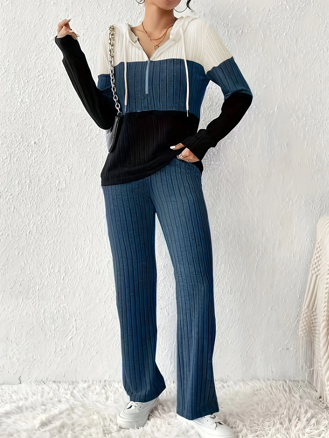 秋のレディースセットファッションベーシックコントラストカラー長袖フード付きドローストリングジッパーナチュラルウエストアンクルストレートセット