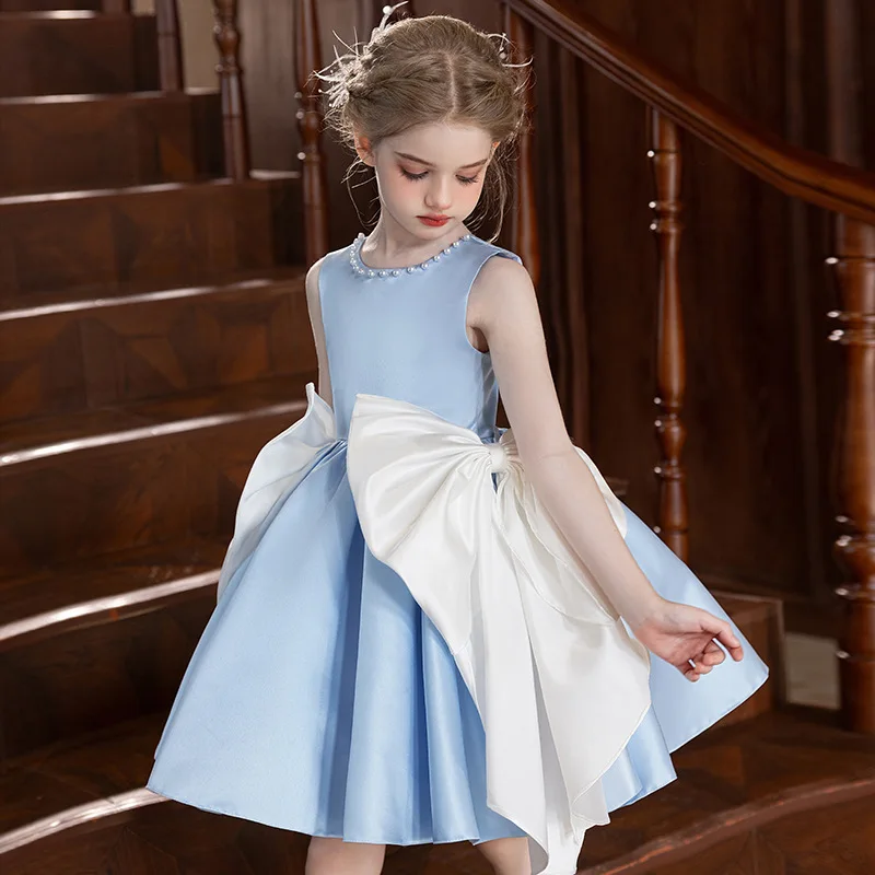 IYEAL Girl's Fashion Blue Big Bow Dress Teen Girl Birthday Party Performance Satin Dress Evening Dress