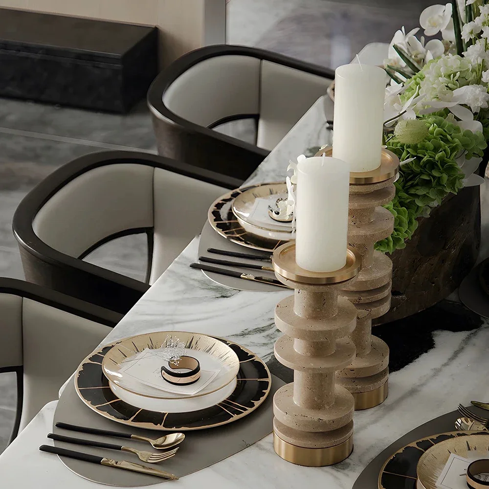 Beige Brown Travertine Candle Holder Luxury Home Decorations Marble Candlestick with Metal Base