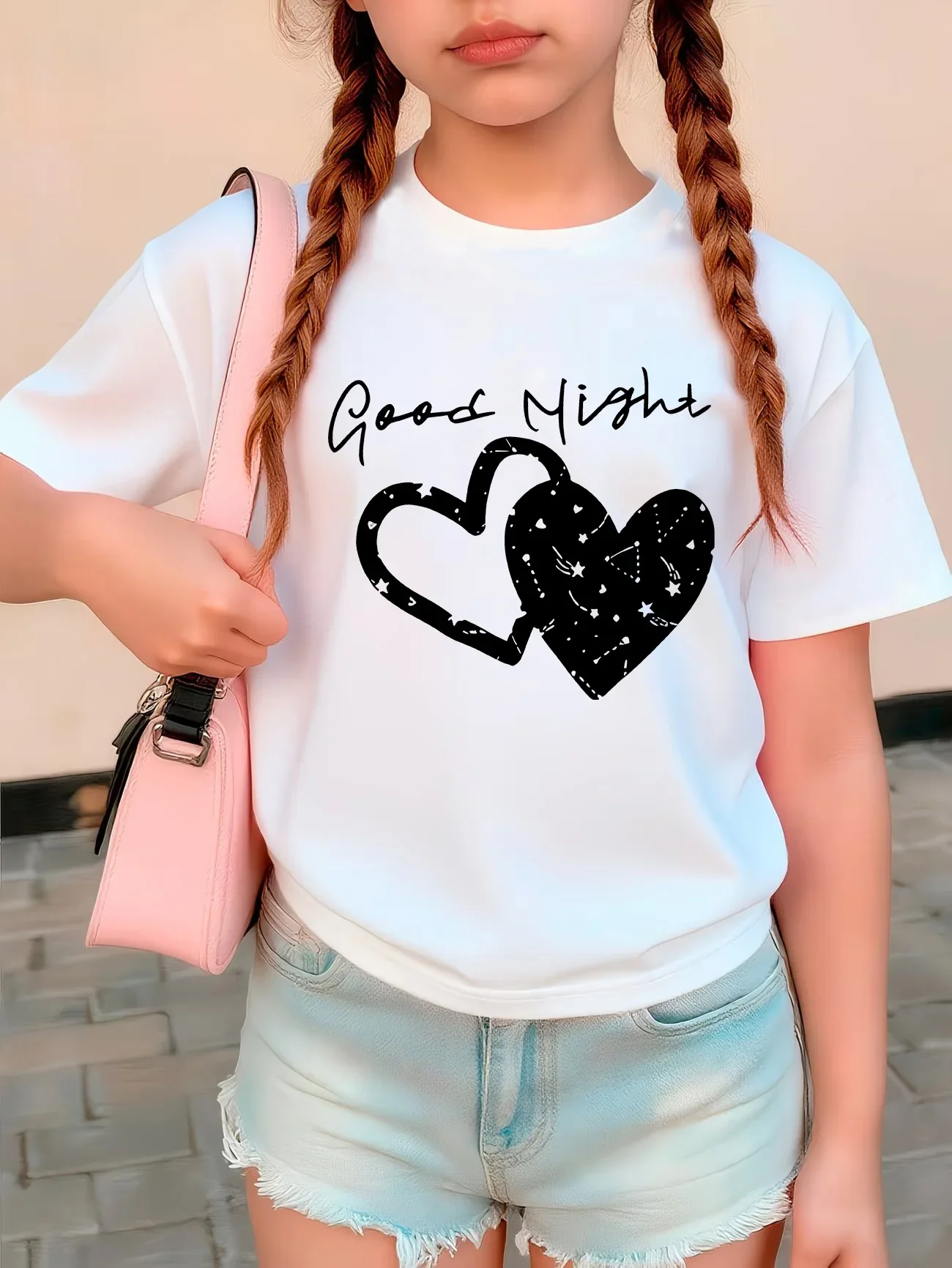 Kids' Love Heart T-Shirt Short Sleeve Good Night with Casual Top Tee Shirt for Boys And Girls Summer Spring Children's Clothing