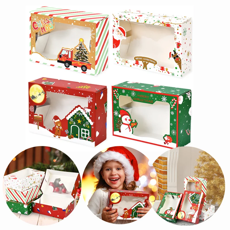 

4Pcs/Set Christmas Window Cookie Boxes Snowman Santa Claus Food Box With Window Pie Dessert Paper Packaging Boxes Drop Shipping