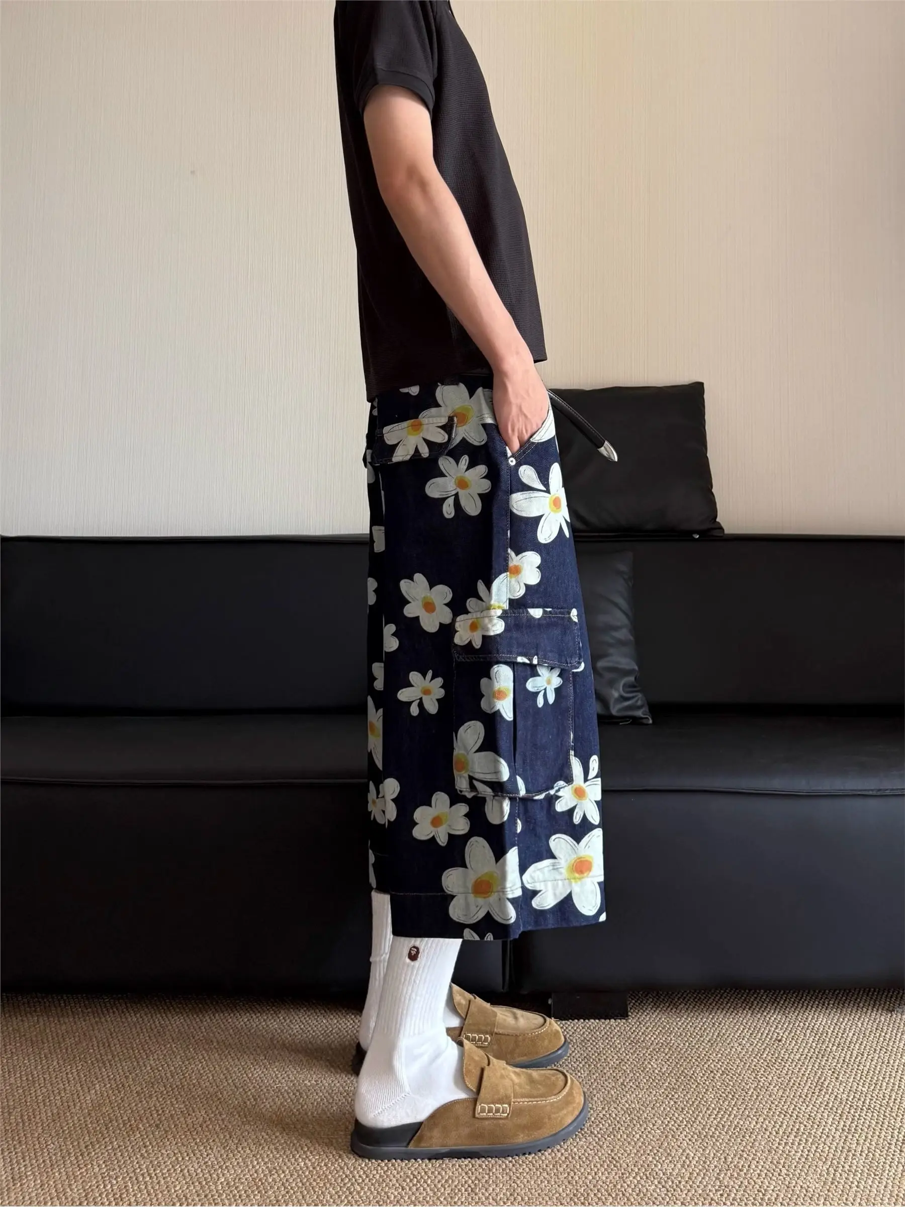 Summer Men's Flower Printing Shorts Unisex Baggy Vintage Casual Young Boy Wide Leg Bottom Male High Waist Mid-length Pants