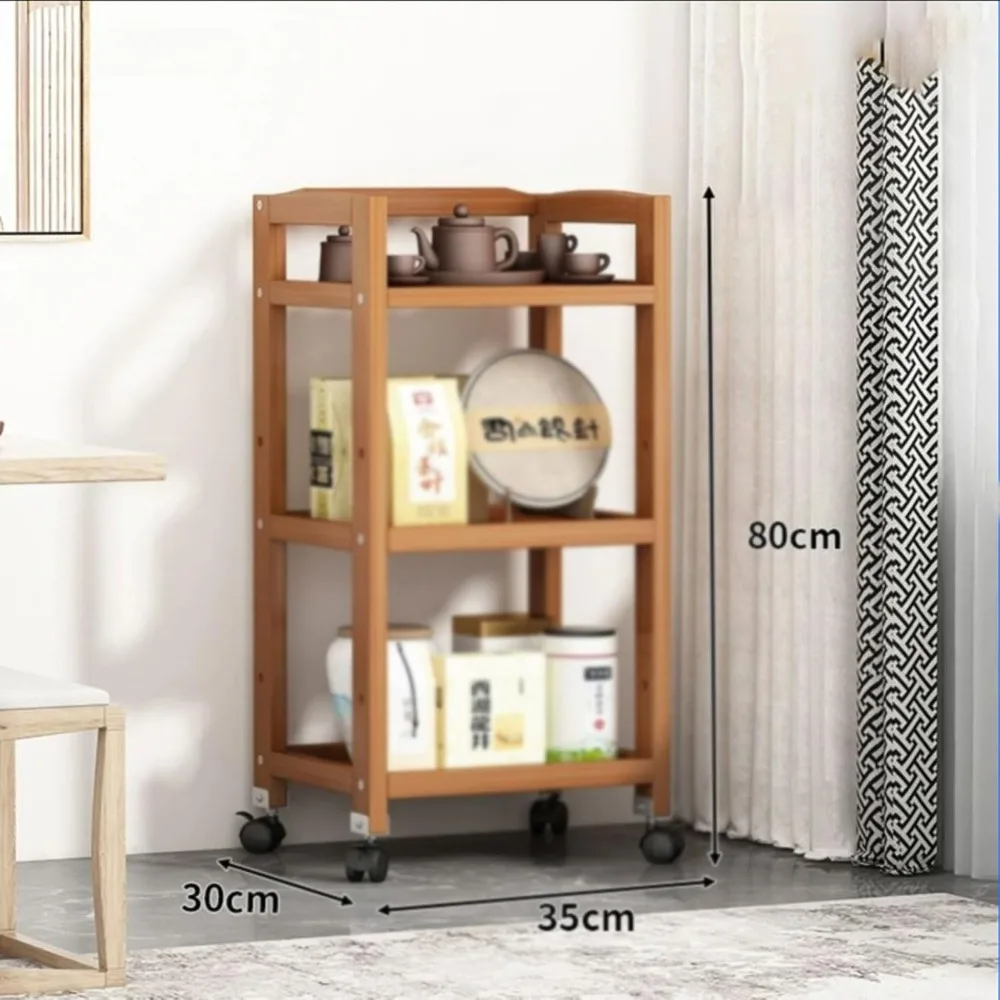 عربة خشبية دوارة من 3 طبقات، طاولة جانبية للأريكة، طاولة قهوة لغرفة المعيشة بعجلات، 35 × 30 × 80 سم #2