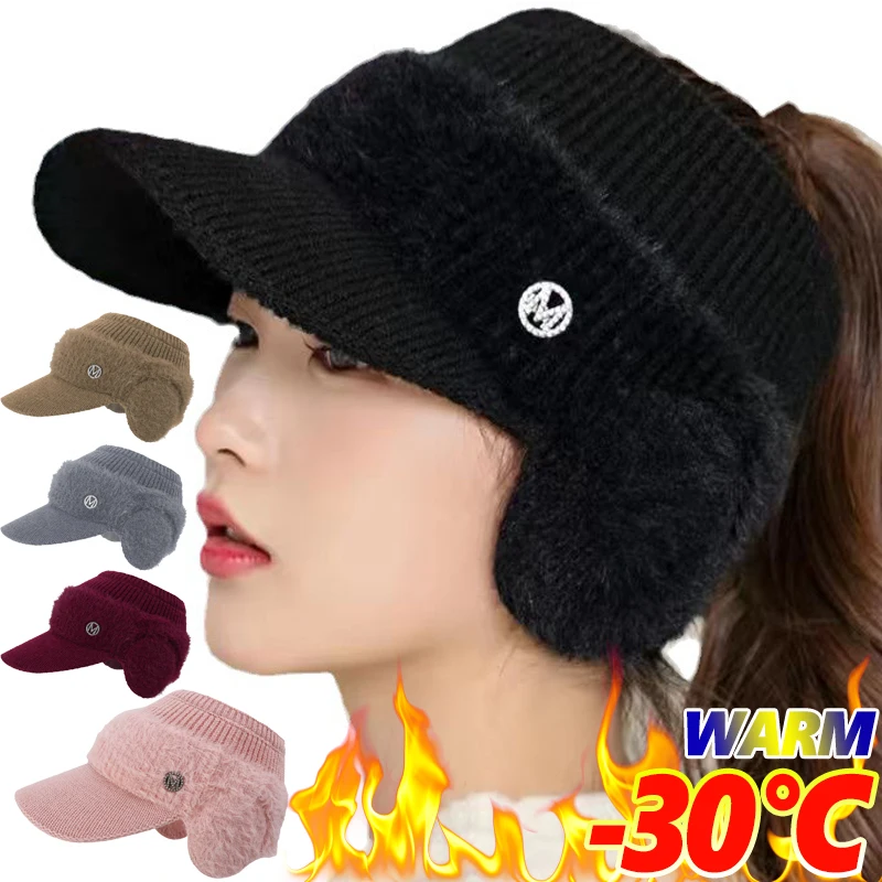 6colors Hollow Top Knitted Woolen Bomber Hat Ear Protection Thickened Warm Women's Fashion Baseball Hat Autumn Winter Woolen Cap