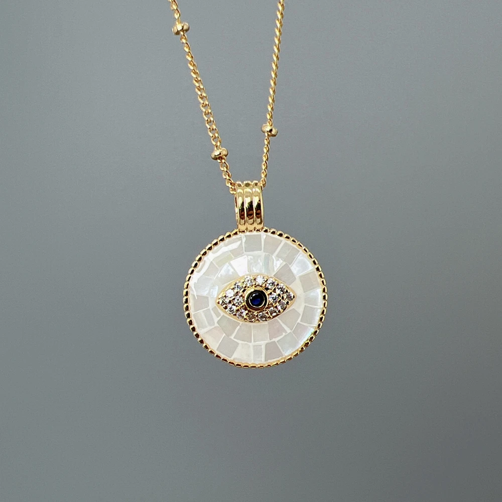 Trendy Round Pink Sea Shell Crystal Zircon Evil Eye Necklace Women PVD 18k Gold Plated Pendant Neck Jewelry