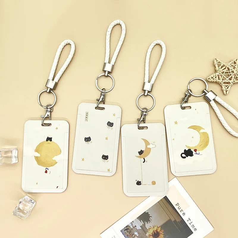 Cute Little Black Cat Cartoon Card Cover Bus Card Access Card Badge Holder Long Rope Neck Strap Lanyard Badge Protective Sleeve
