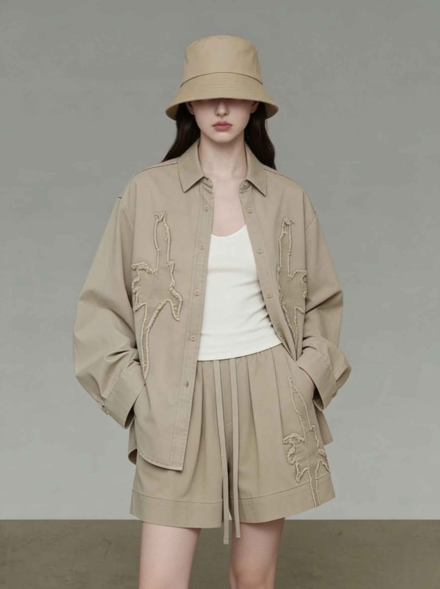 

Retro Khaki Floral Embroidery Shirt Shorts Set Women's Fashion Spring Casual Loose Fit High Waist Button up Long Sleeve