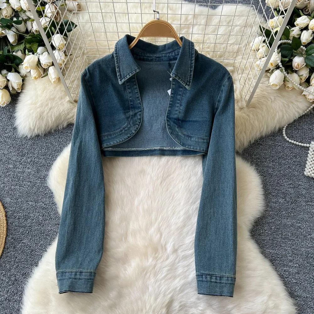 Neploe New Turn-down Collar Long Sleeve Sexy Set Cardigan Denim Slim Fit Pleated Skirt French Vintage Sweet Elegant Suits Robe