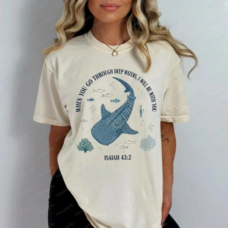Christian Shirt When You Go Through Deep Waters Isaiah 43.2 Bible Verse Cotton Tee Christian Believers Vintage Clothes for Women
