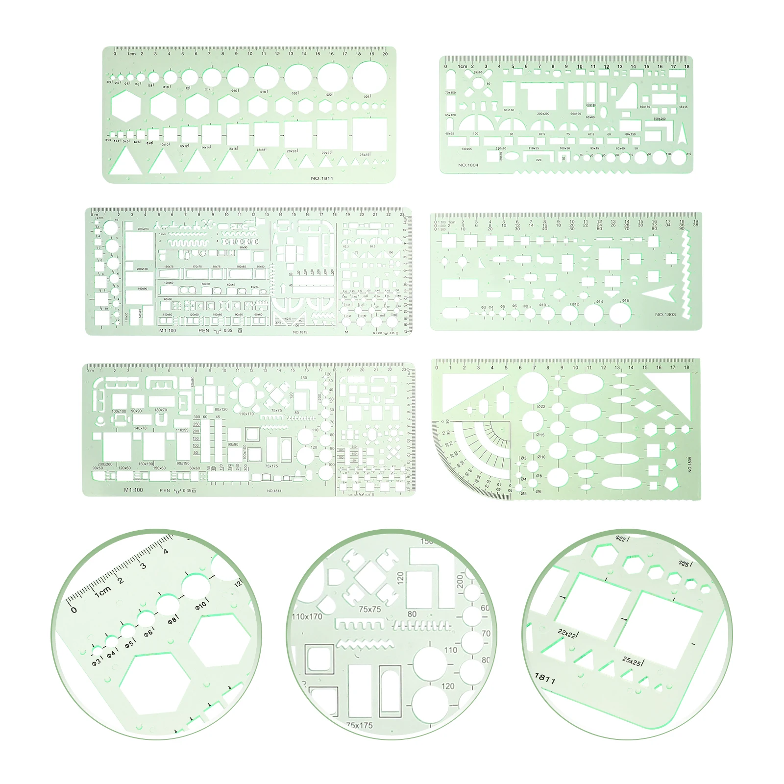 1 set 1 set Formato da costruzione Modelli di disegno geometrico Stencil in plastica Cerchio Righello Strumento di disegno architettonico per la scuola